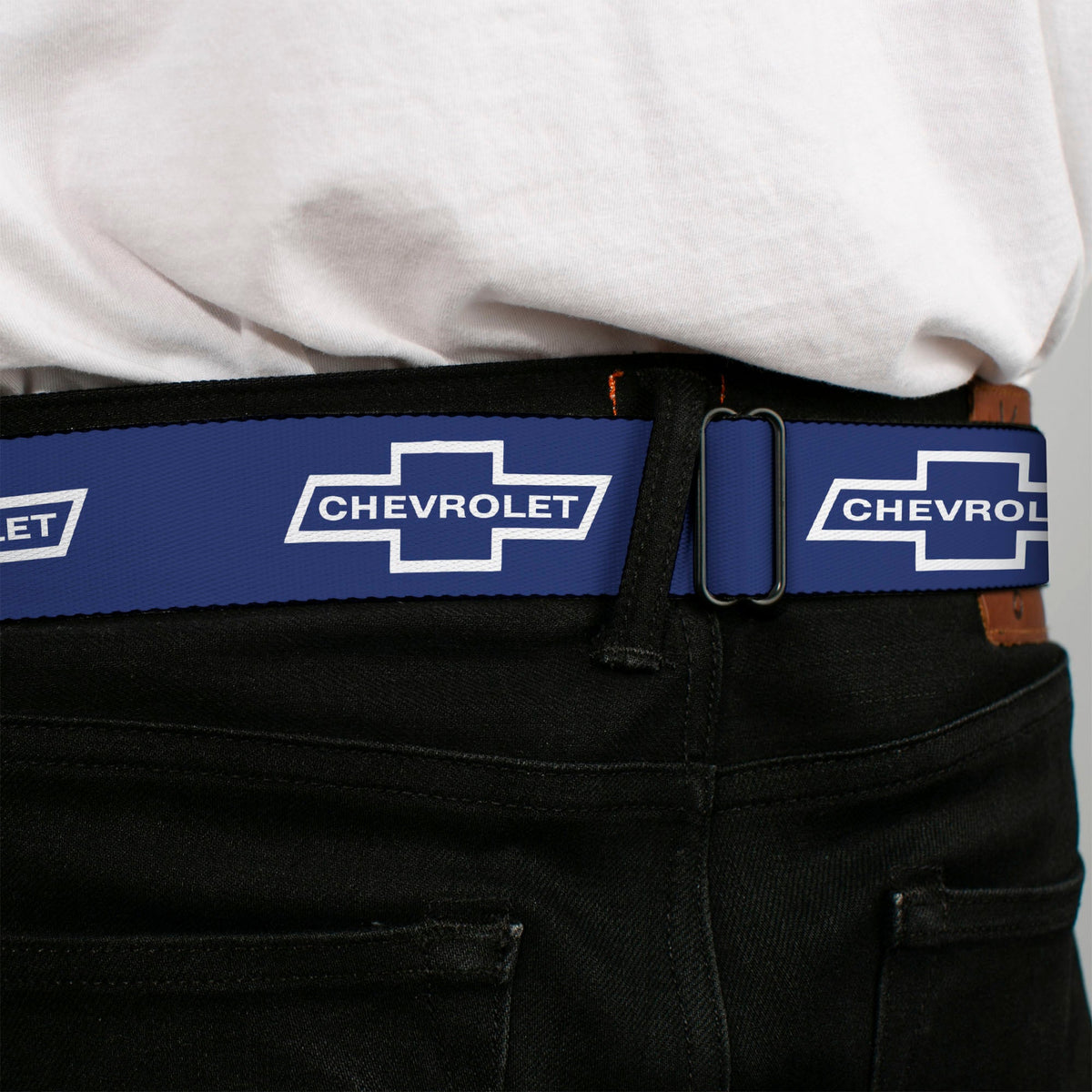 1965 CHEVROLET Bowtie Full Color Black White Seatbelt Belt - 1965 CHEVROLET Bowtie Blue/White Webbing