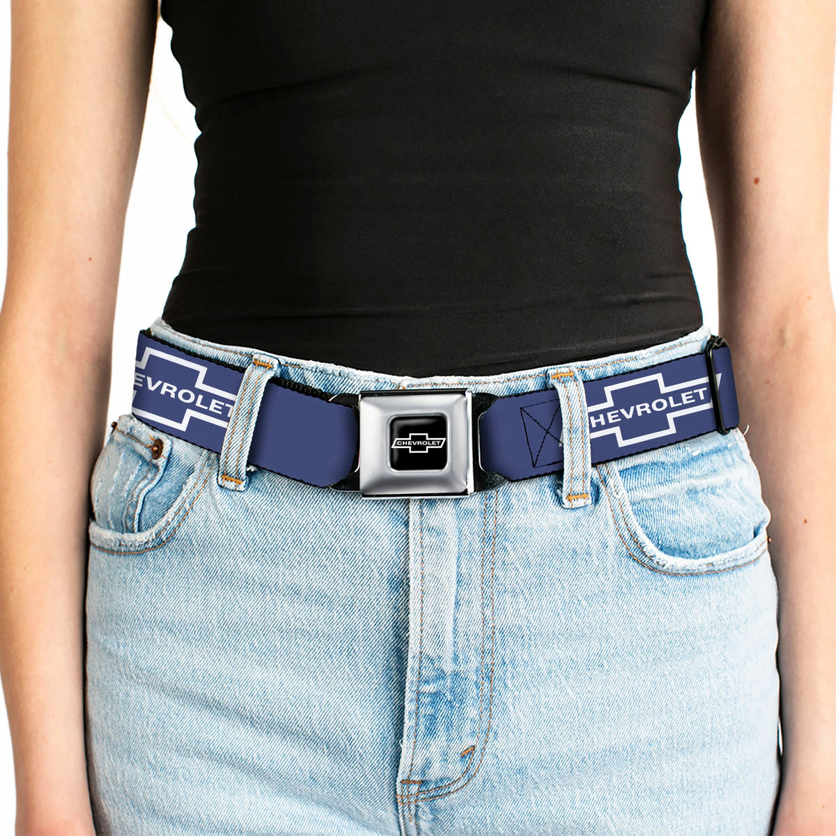 1965 CHEVROLET Bowtie Full Color Black White Seatbelt Belt - 1965 CHEVROLET Bowtie Blue/White Webbing