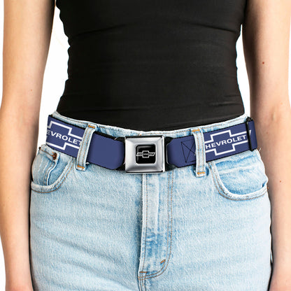 1965 CHEVROLET Bowtie Full Color Black White Seatbelt Belt - 1965 CHEVROLET Bowtie Blue/White Webbing