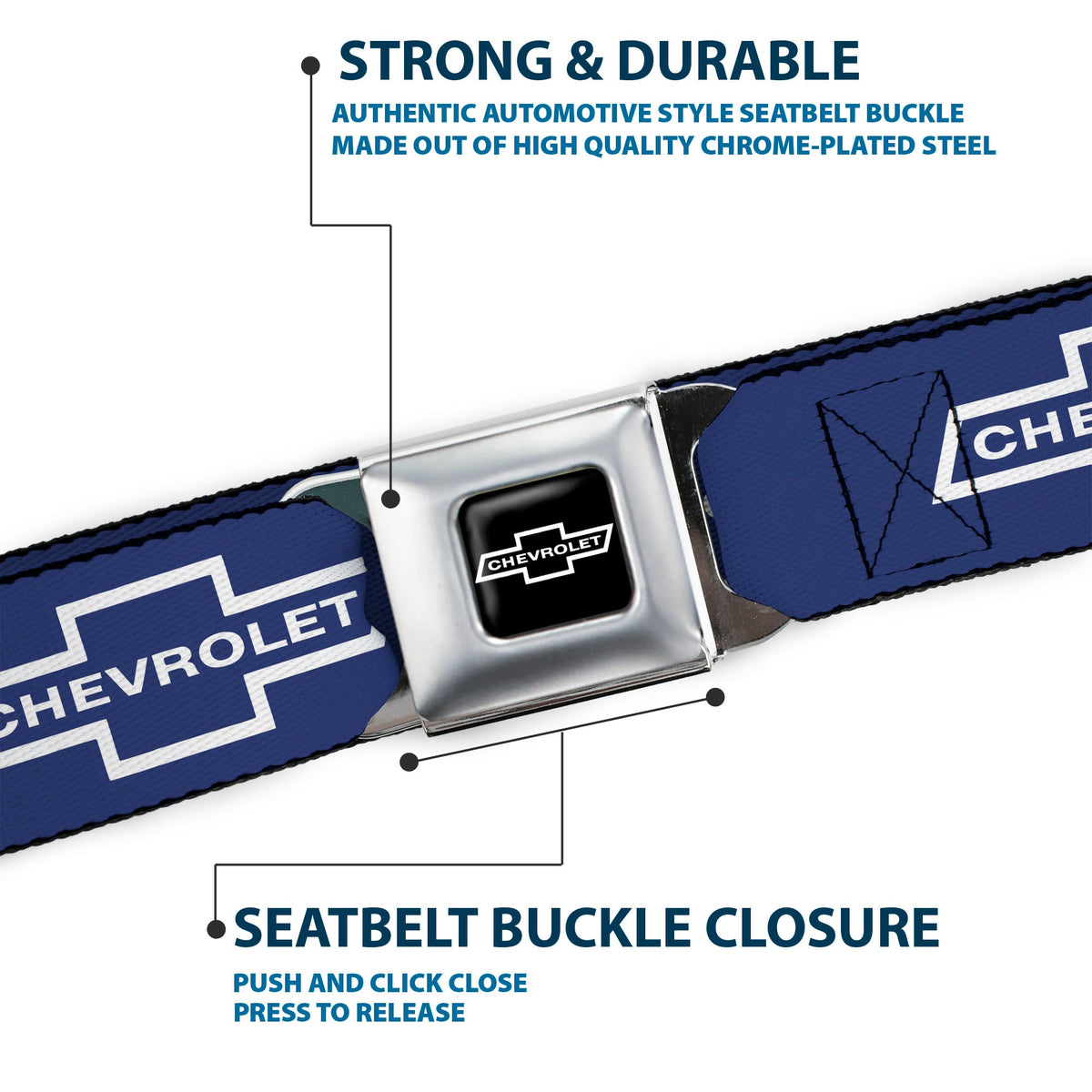 1965 CHEVROLET Bowtie Full Color Black White Seatbelt Belt - 1965 CHEVROLET Bowtie Blue/White Webbing
