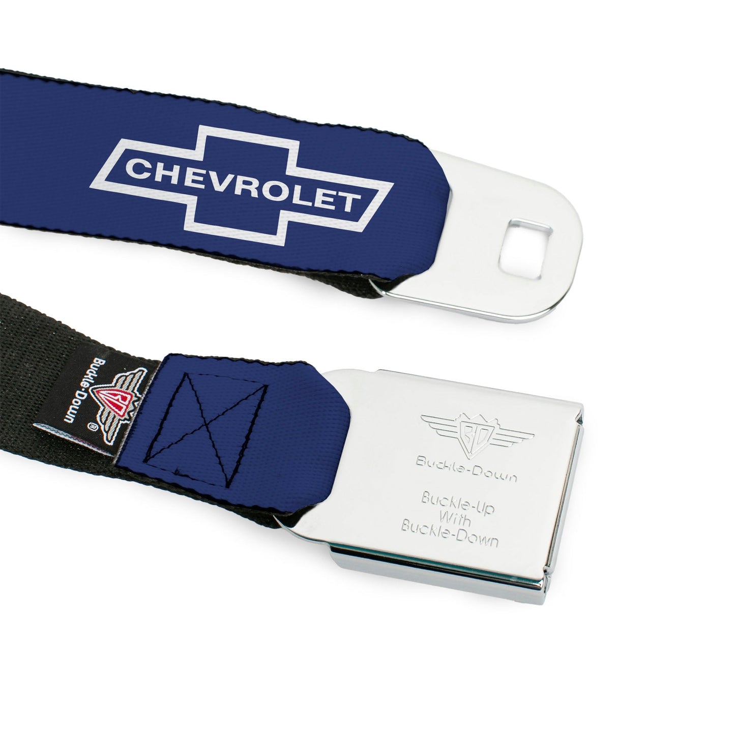 1965 CHEVROLET Bowtie Full Color Black White Seatbelt Belt - 1965 CHEVROLET Bowtie Blue/White Webbing
