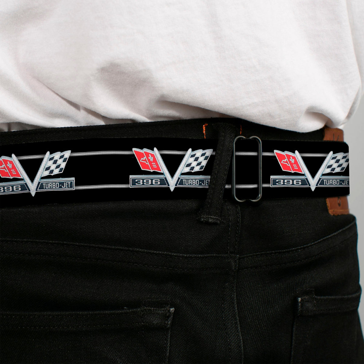 1967 Impala 396 TURBO-JET V Emblem Full Color Black Silver Red White Seatbelt Belt - 1967 Impala 396 TURBO-JET V Emblem/Stripe Black/Silver/Red/White Webbing
