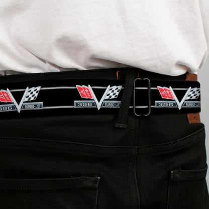 1967 Impala 396 TURBO-JET V Emblem Full Color Black Silver Red White Seatbelt Belt - 1967 Impala 396 TURBO-JET V Emblem/Stripe Black/Silver/Red/White Webbing