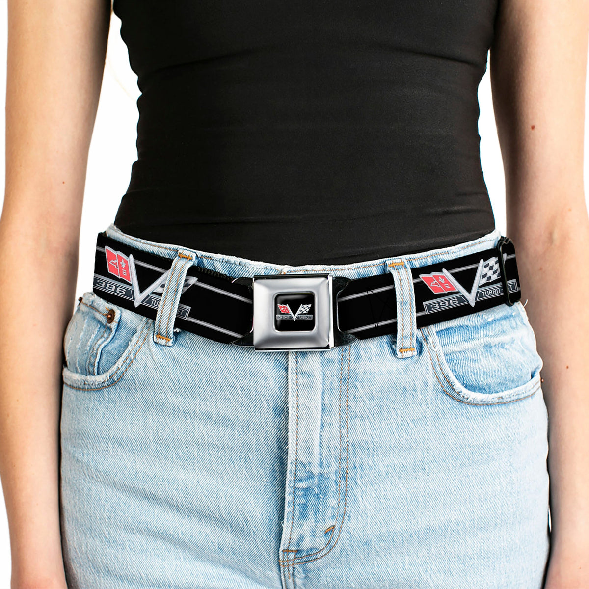 1967 Impala 396 TURBO-JET V Emblem Full Color Black Silver Red White Seatbelt Belt - 1967 Impala 396 TURBO-JET V Emblem/Stripe Black/Silver/Red/White Webbing