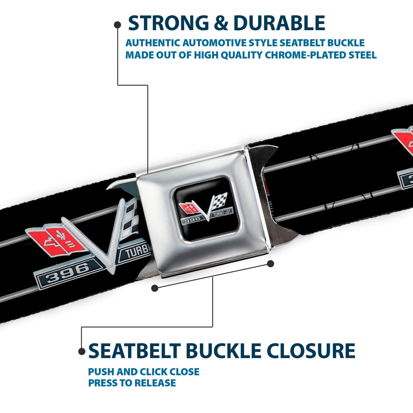 1967 Impala 396 TURBO-JET V Emblem Full Color Black Silver Red White Seatbelt Belt - 1967 Impala 396 TURBO-JET V Emblem/Stripe Black/Silver/Red/White Webbing