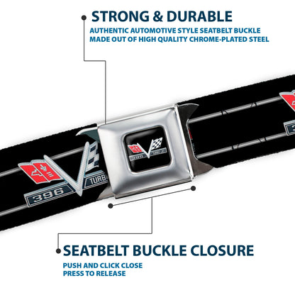 1967 Impala 396 TURBO-JET V Emblem Full Color Black Silver Red White Seatbelt Belt - 1967 Impala 396 TURBO-JET V Emblem/Stripe Black/Silver/Red/White Webbing
