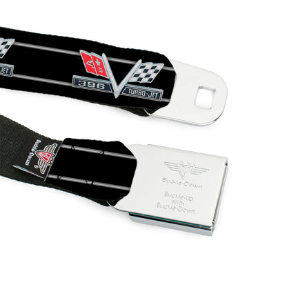 1967 Impala 396 TURBO-JET V Emblem Full Color Black Silver Red White Seatbelt Belt - 1967 Impala 396 TURBO-JET V Emblem/Stripe Black/Silver/Red/White Webbing