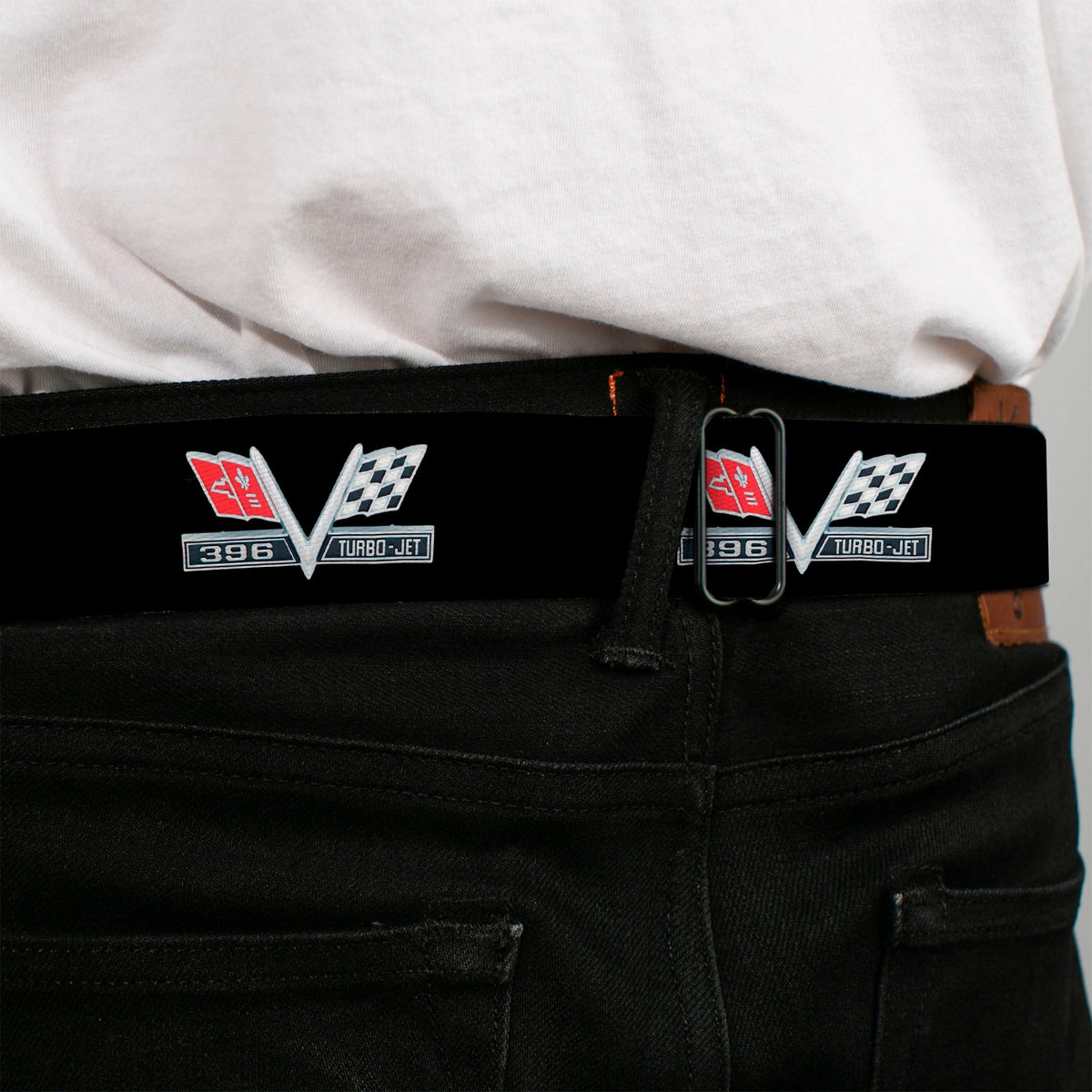1967 Impala 396 TURBO-JET V Emblem Full Color Black Silver Red White Seatbelt Belt - 1967 Impala 396 TURBO-JET V Emblem Black/Silver/Red/White Webbing