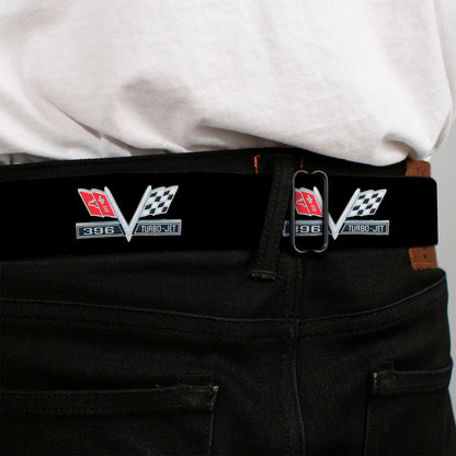 1967 Impala 396 TURBO-JET V Emblem Full Color Black Silver Red White Seatbelt Belt - 1967 Impala 396 TURBO-JET V Emblem Black/Silver/Red/White Webbing