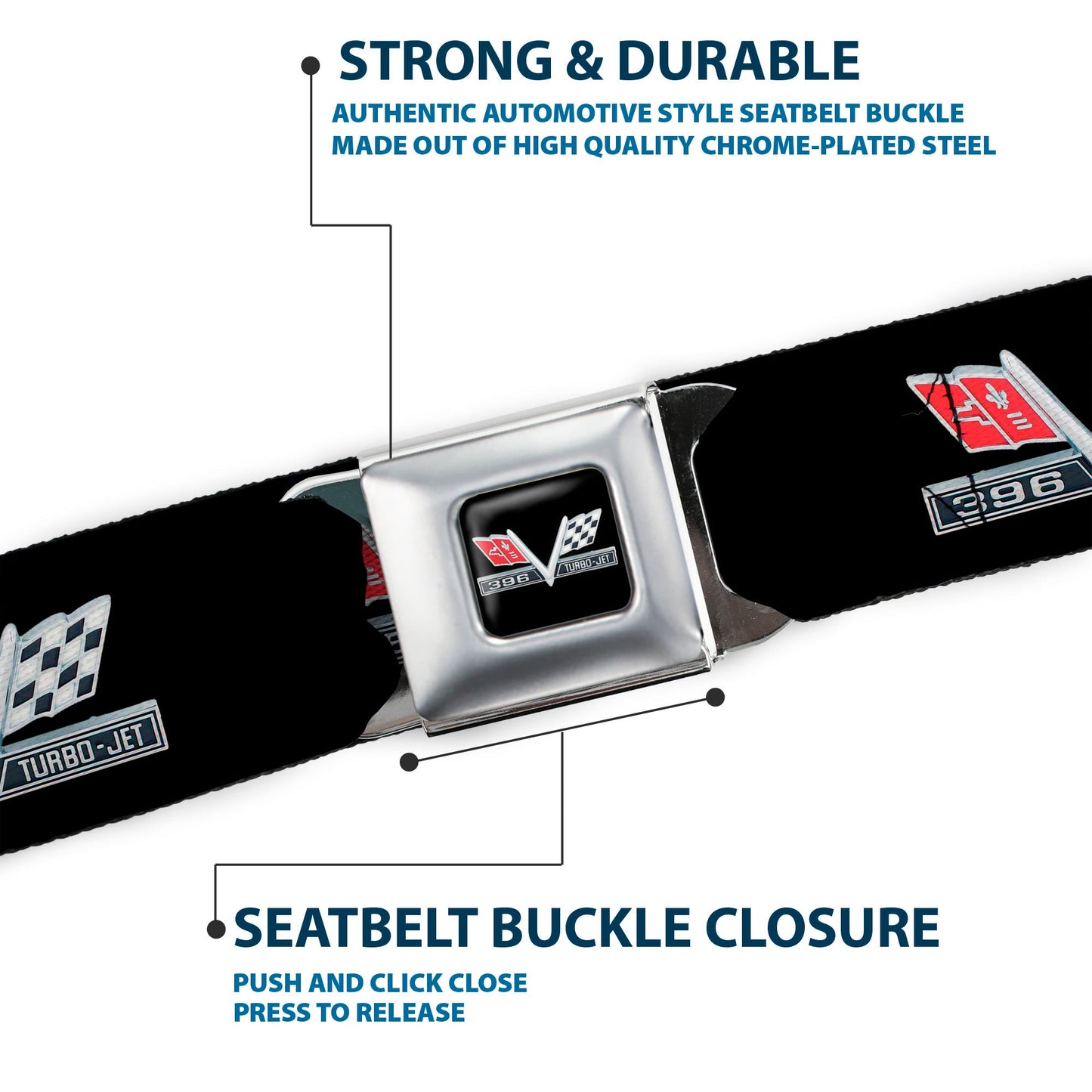 1967 Impala 396 TURBO-JET V Emblem Full Color Black Silver Red White Seatbelt Belt - 1967 Impala 396 TURBO-JET V Emblem Black/Silver/Red/White Webbing