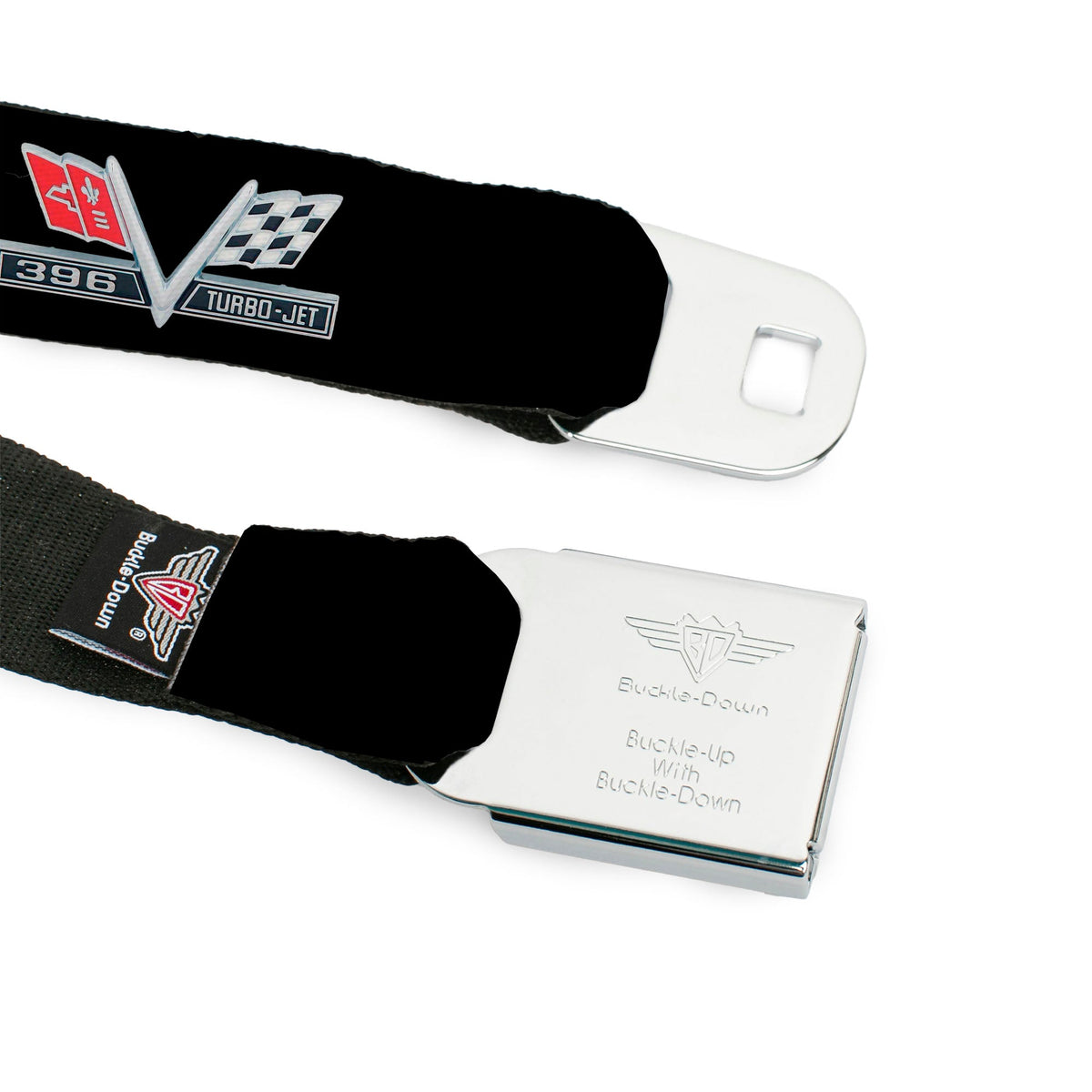 1967 Impala 396 TURBO-JET V Emblem Full Color Black Silver Red White Seatbelt Belt - 1967 Impala 396 TURBO-JET V Emblem Black/Silver/Red/White Webbing
