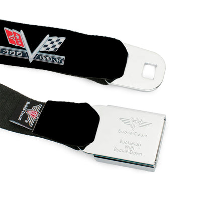 1967 Impala 396 TURBO-JET V Emblem Full Color Black Silver Red White Seatbelt Belt - 1967 Impala 396 TURBO-JET V Emblem Black/Silver/Red/White Webbing