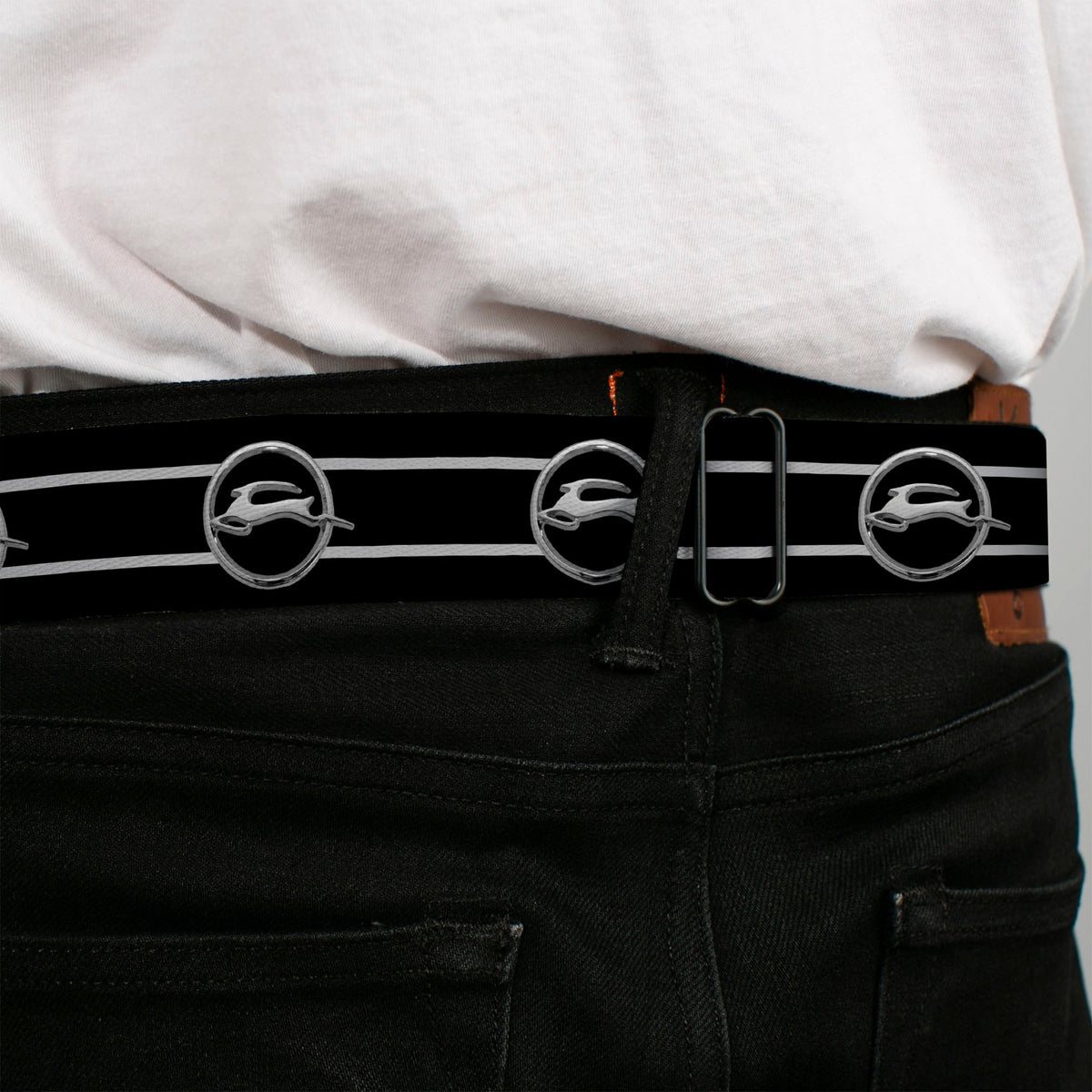 1962 Chevrolet Impala Deer Emblem Full Color Black Silver Seatbelt Belt - 1962 Chevrolet Impala Deer Emblem/Stripe Black/Silver Webbing