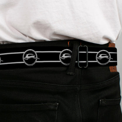 1962 Chevrolet Impala Deer Emblem Full Color Black Silver Seatbelt Belt - 1962 Chevrolet Impala Deer Emblem/Stripe Black/Silver Webbing