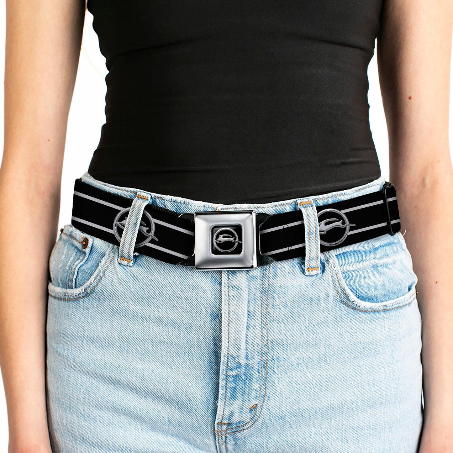 1962 Chevrolet Impala Deer Emblem Full Color Black Silver Seatbelt Belt - 1962 Chevrolet Impala Deer Emblem/Stripe Black/Silver Webbing