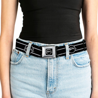 1962 Chevrolet Impala Deer Emblem Full Color Black Silver Seatbelt Belt - 1962 Chevrolet Impala Deer Emblem/Stripe Black/Silver Webbing