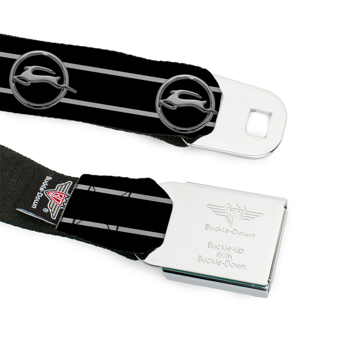 1962 Chevrolet Impala Deer Emblem Full Color Black Silver Seatbelt Belt - 1962 Chevrolet Impala Deer Emblem/Stripe Black/Silver Webbing