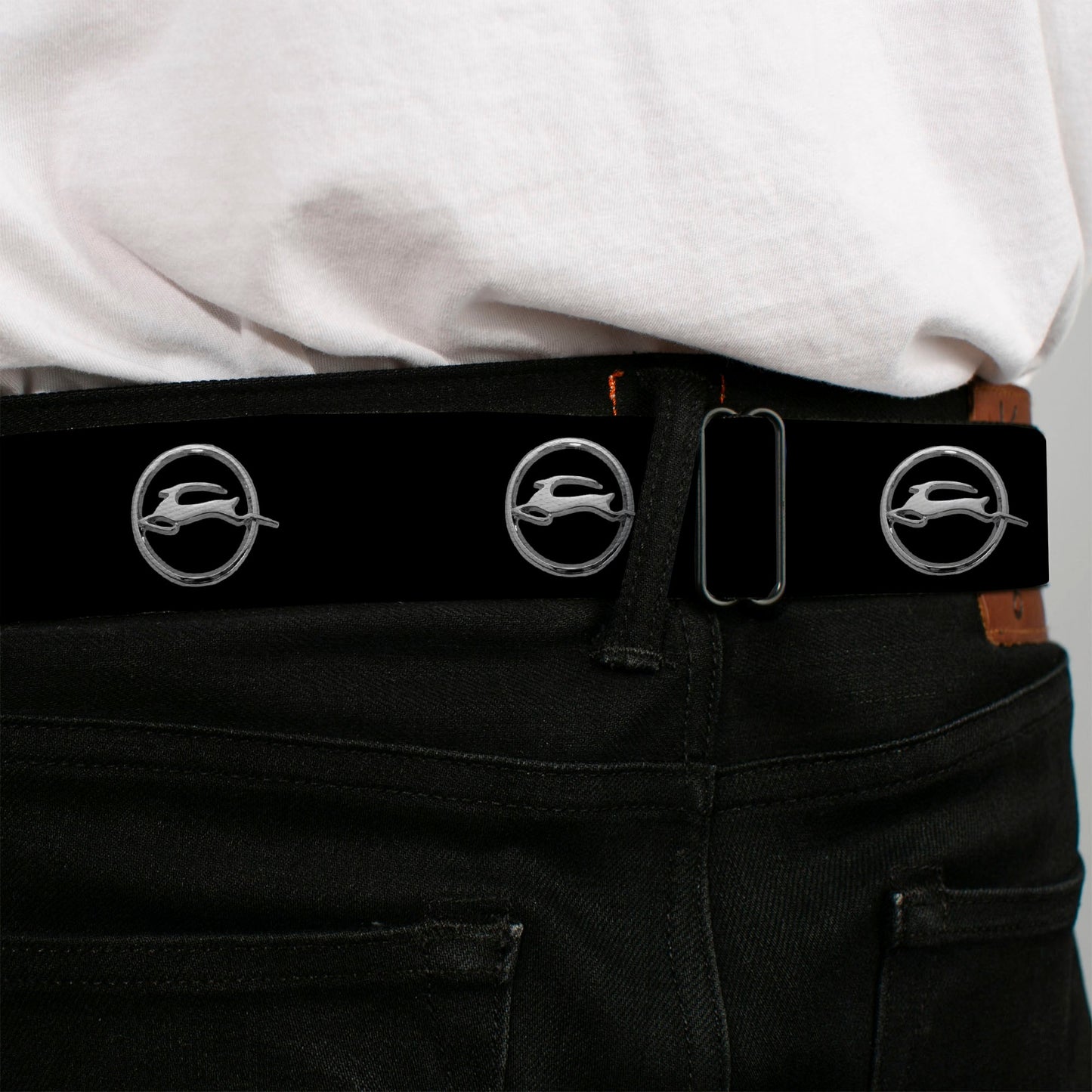 1962 Chevrolet Impala Deer Emblem Full Color Black Silver Seatbelt Belt - 1962 Chevrolet Impala Deer Emblem Black/Silver Webbing
