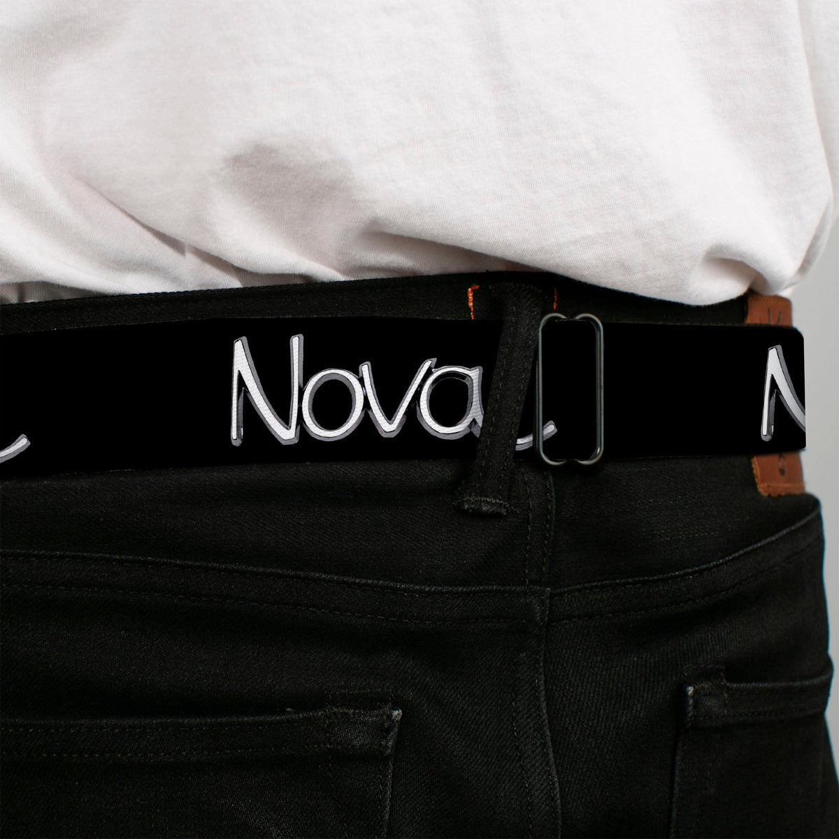 1968-72 NOVA Script Emblem Full Color Black Silver Seatbelt Belt - 1968-72 NOVA Script Emblem Black/Silver Webbing