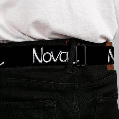 1968-72 NOVA Script Emblem Full Color Black Silver Seatbelt Belt - 1968-72 NOVA Script Emblem Black/Silver Webbing