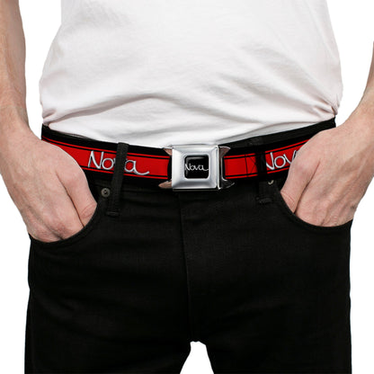 1968-72 NOVA Script Emblem Full Color Black Silver Seatbelt Belt - 1968-72 NOVA Script Emblem/Stripe Black/Red/Silver Webbing