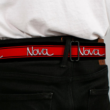 1968-72 NOVA Script Emblem Full Color Black Silver Seatbelt Belt - 1968-72 NOVA Script Emblem/Stripe Black/Red/Silver Webbing