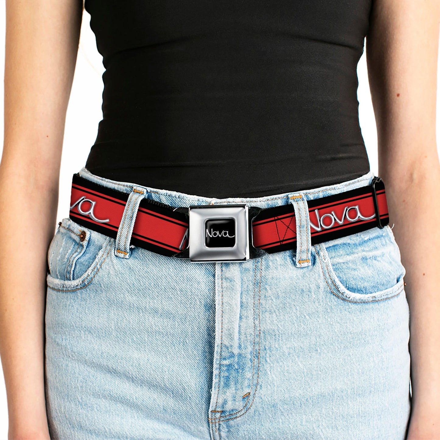 1968-72 NOVA Script Emblem Full Color Black Silver Seatbelt Belt - 1968-72 NOVA Script Emblem/Stripe Black/Red/Silver Webbing