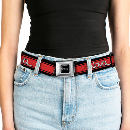 1968-72 NOVA Script Emblem Full Color Black Silver Seatbelt Belt - 1968-72 NOVA Script Emblem/Stripe Black/Red/Silver Webbing