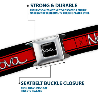 1968-72 NOVA Script Emblem Full Color Black Silver Seatbelt Belt - 1968-72 NOVA Script Emblem/Stripe Black/Red/Silver Webbing