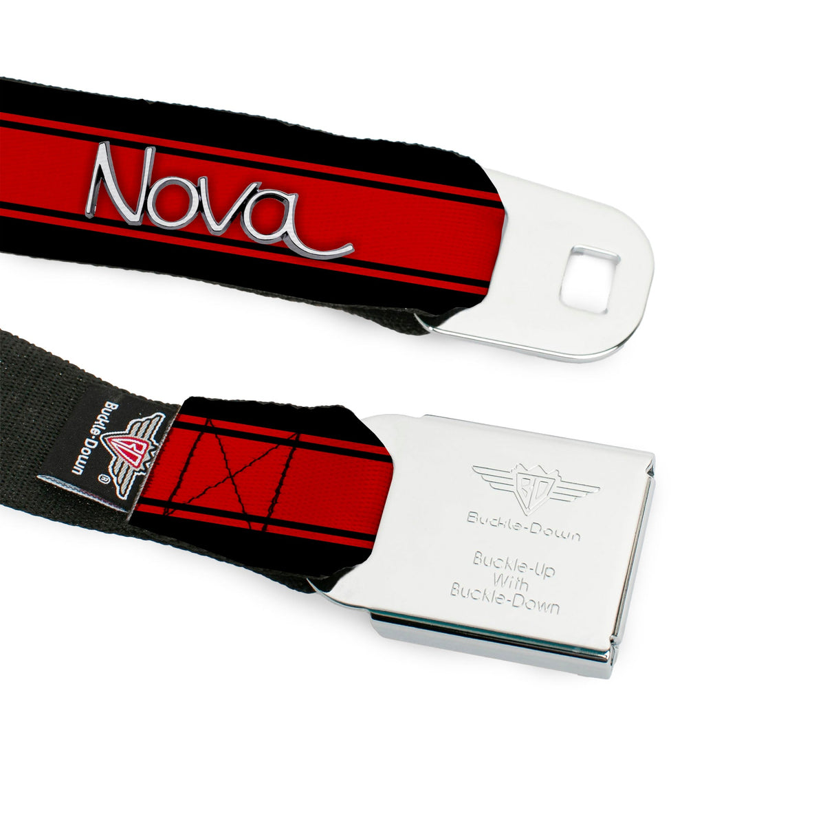 1968-72 NOVA Script Emblem Full Color Black Silver Seatbelt Belt - 1968-72 NOVA Script Emblem/Stripe Black/Red/Silver Webbing