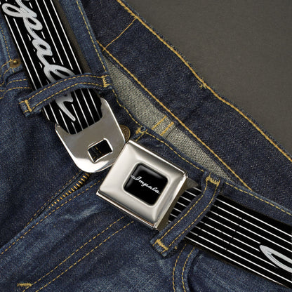 1962 IMPALA Script Emblem Full Color Black Silver Seatbelt Belt - 1962 IMPALA Script Emblem/Stripe Black/White/Silver Webbing