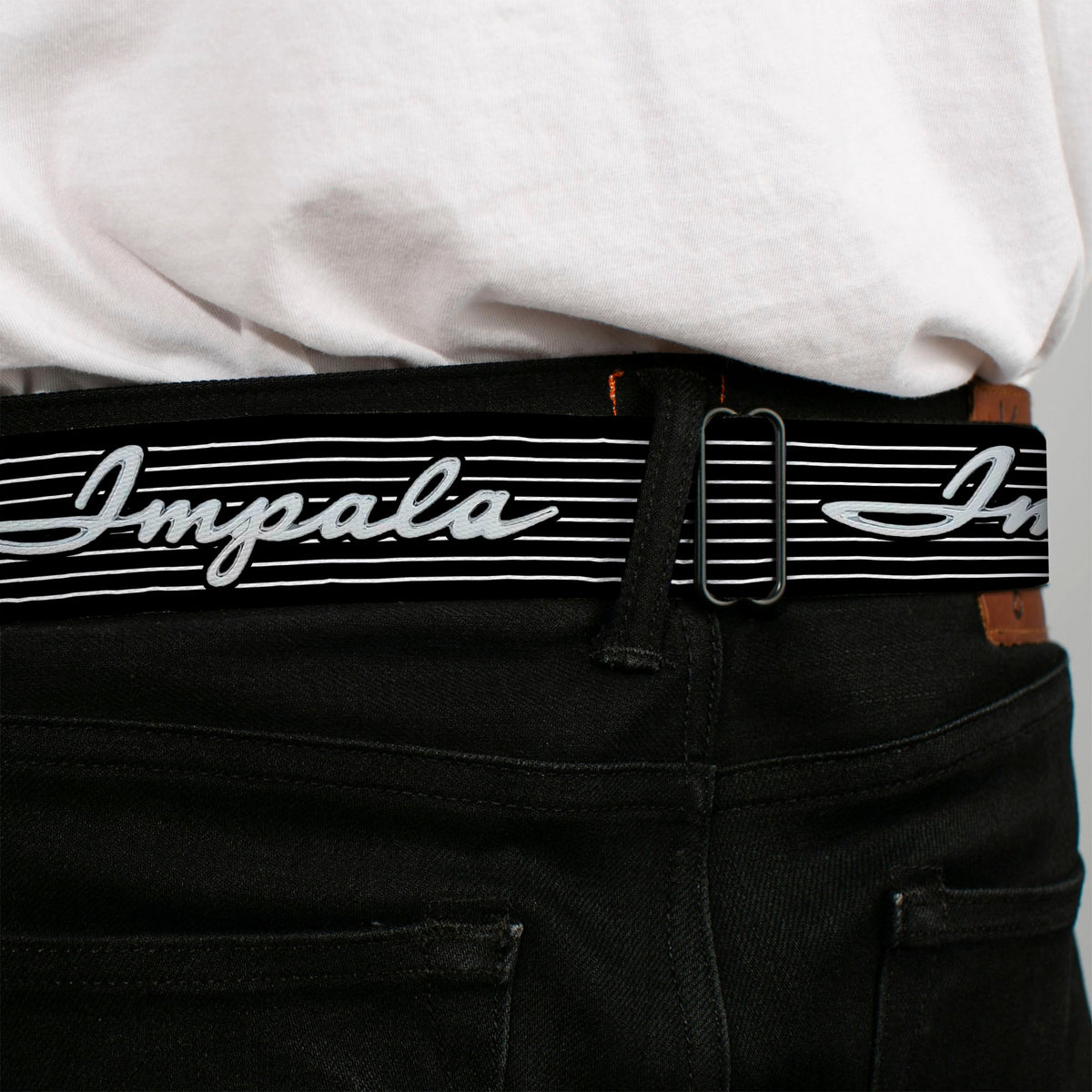 1962 IMPALA Script Emblem Full Color Black Silver Seatbelt Belt - 1962 IMPALA Script Emblem/Stripe Black/White/Silver Webbing