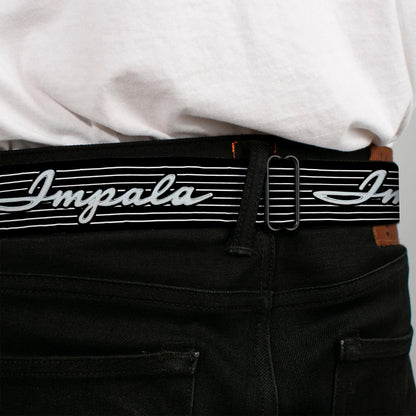 1962 IMPALA Script Emblem Full Color Black Silver Seatbelt Belt - 1962 IMPALA Script Emblem/Stripe Black/White/Silver Webbing