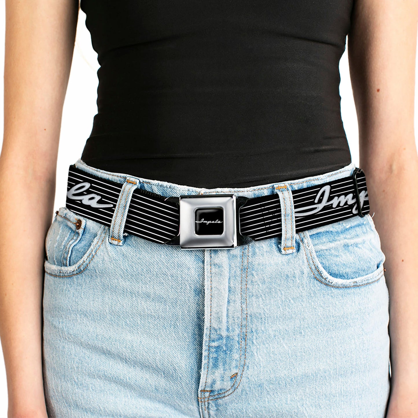 1962 IMPALA Script Emblem Full Color Black Silver Seatbelt Belt - 1962 IMPALA Script Emblem/Stripe Black/White/Silver Webbing