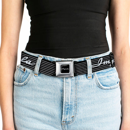 1962 IMPALA Script Emblem Full Color Black Silver Seatbelt Belt - 1962 IMPALA Script Emblem/Stripe Black/White/Silver Webbing