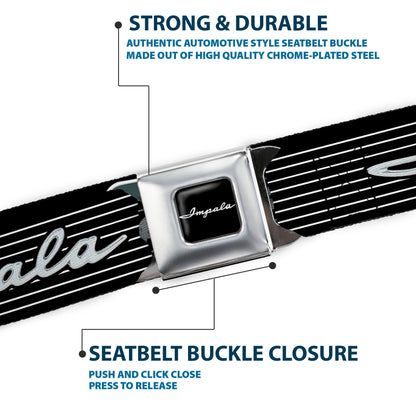 1962 IMPALA Script Emblem Full Color Black Silver Seatbelt Belt - 1962 IMPALA Script Emblem/Stripe Black/White/Silver Webbing