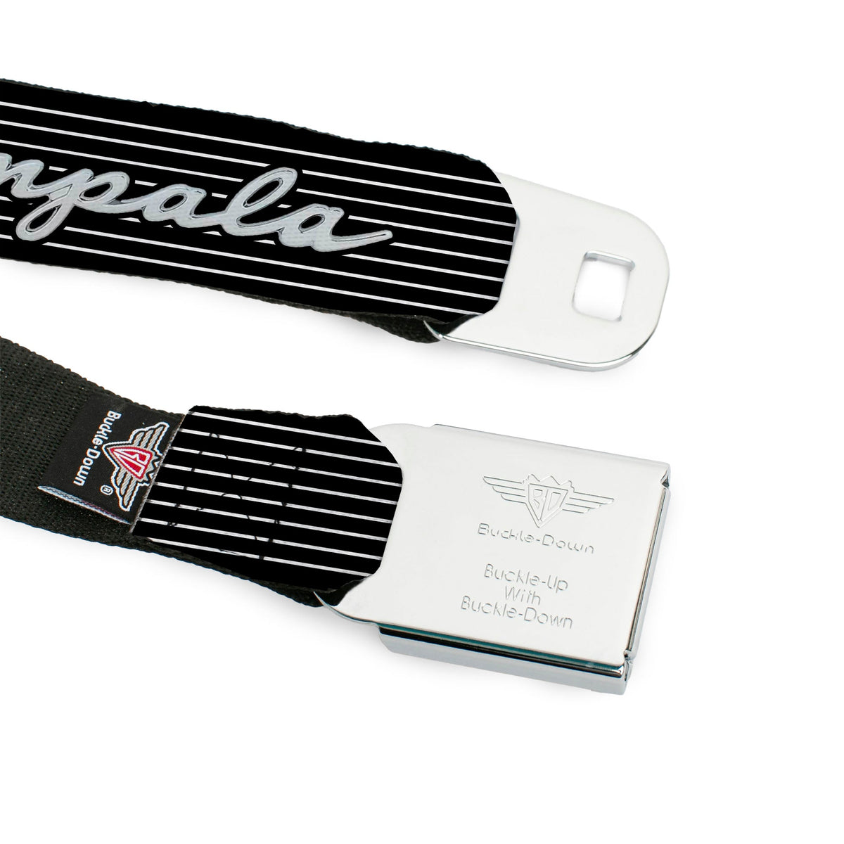 1962 IMPALA Script Emblem Full Color Black Silver Seatbelt Belt - 1962 IMPALA Script Emblem/Stripe Black/White/Silver Webbing