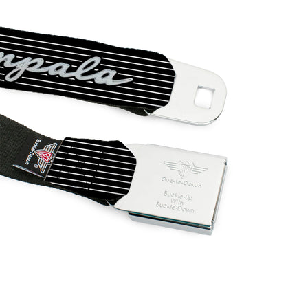 1962 IMPALA Script Emblem Full Color Black Silver Seatbelt Belt - 1962 IMPALA Script Emblem/Stripe Black/White/Silver Webbing