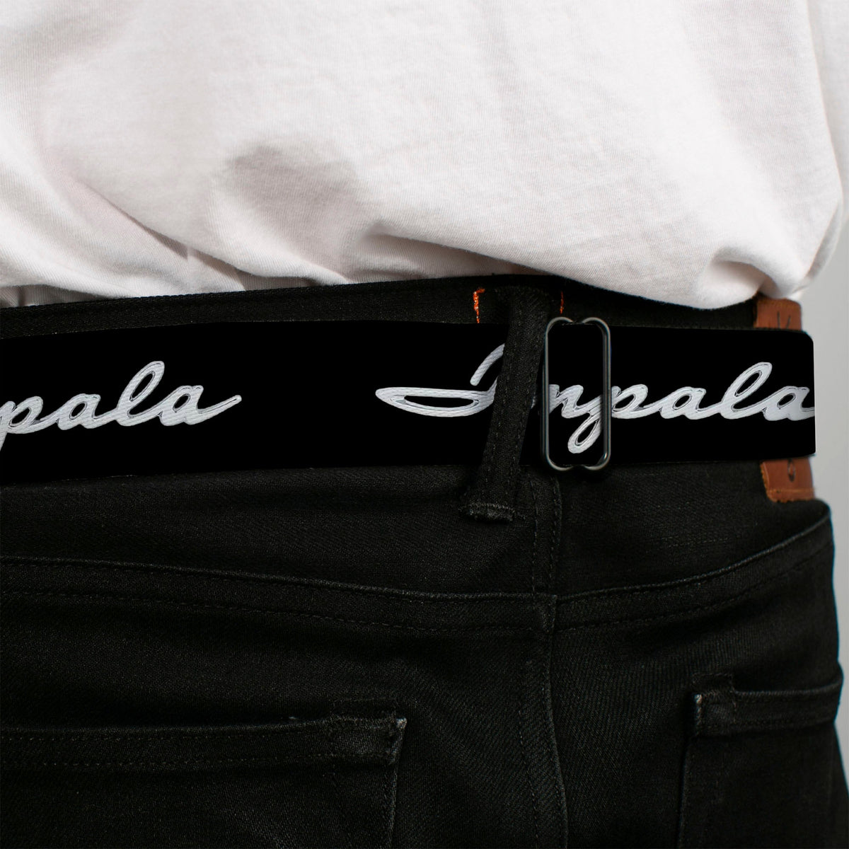 1962 IMPALA Script Emblem Full Color Black Silver Seatbelt Belt - 1962 IMPALA Script Emblem Black/Silver Webbing