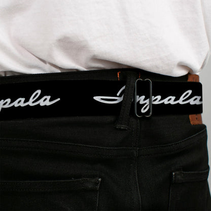 1962 IMPALA Script Emblem Full Color Black Silver Seatbelt Belt - 1962 IMPALA Script Emblem Black/Silver Webbing
