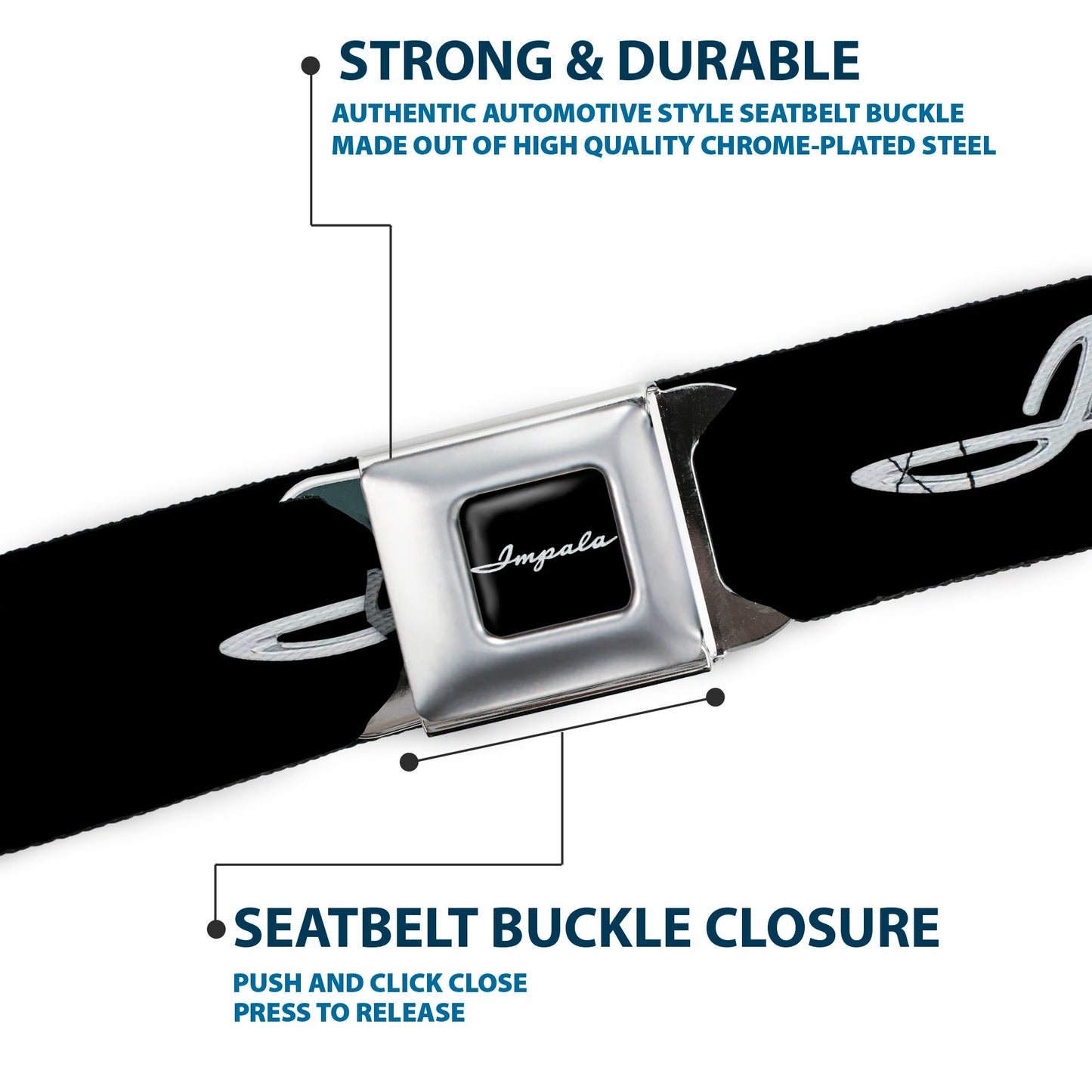 1962 IMPALA Script Emblem Full Color Black Silver Seatbelt Belt - 1962 IMPALA Script Emblem Black/Silver Webbing
