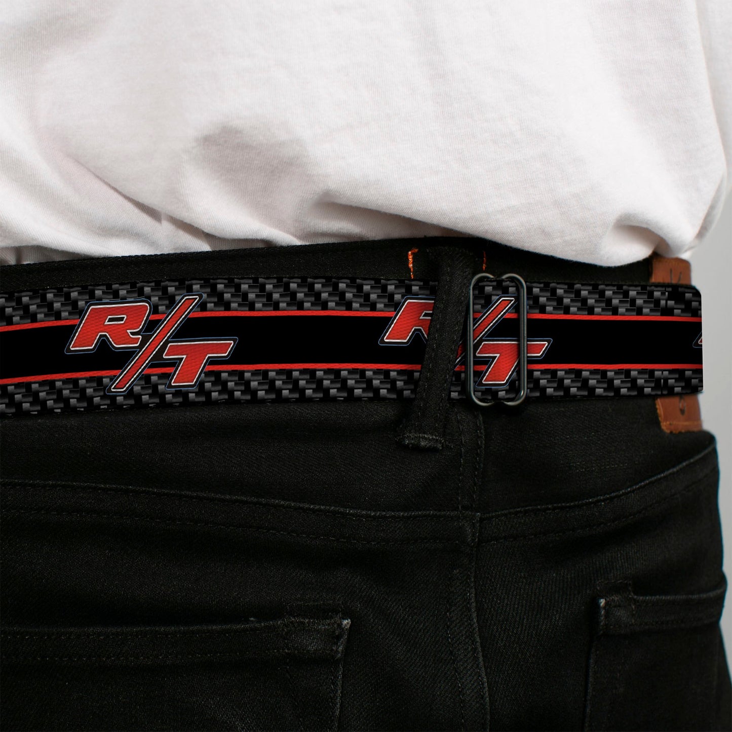 Dodge Challenger R T Emblem Full Color Black White Red Seatbelt Belt - Dodge Challenger R/T Emblem/Carbon Fiber Stripe Grays/Black/Red Webbing