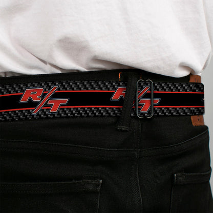 Dodge Challenger R T Emblem Full Color Black White Red Seatbelt Belt - Dodge Challenger R/T Emblem/Carbon Fiber Stripe Grays/Black/Red Webbing