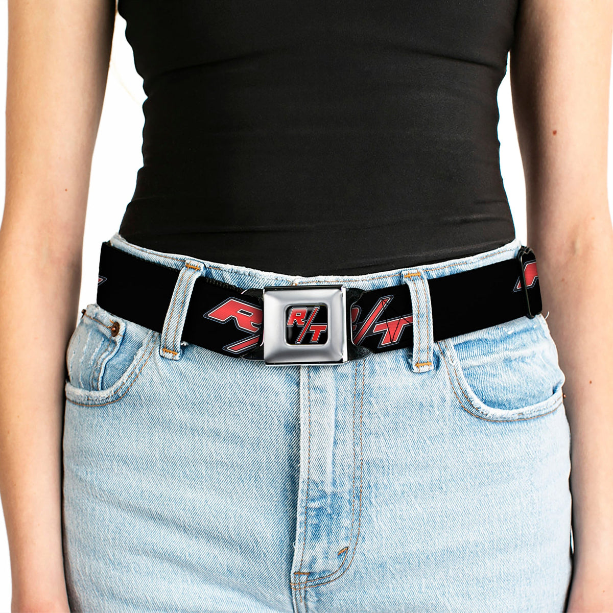Dodge Challenger R T Emblem Full Color Black White Red Seatbelt Belt - Dodge Challenger R/T Emblem Repeat Black/Blue/White/Red Webbing