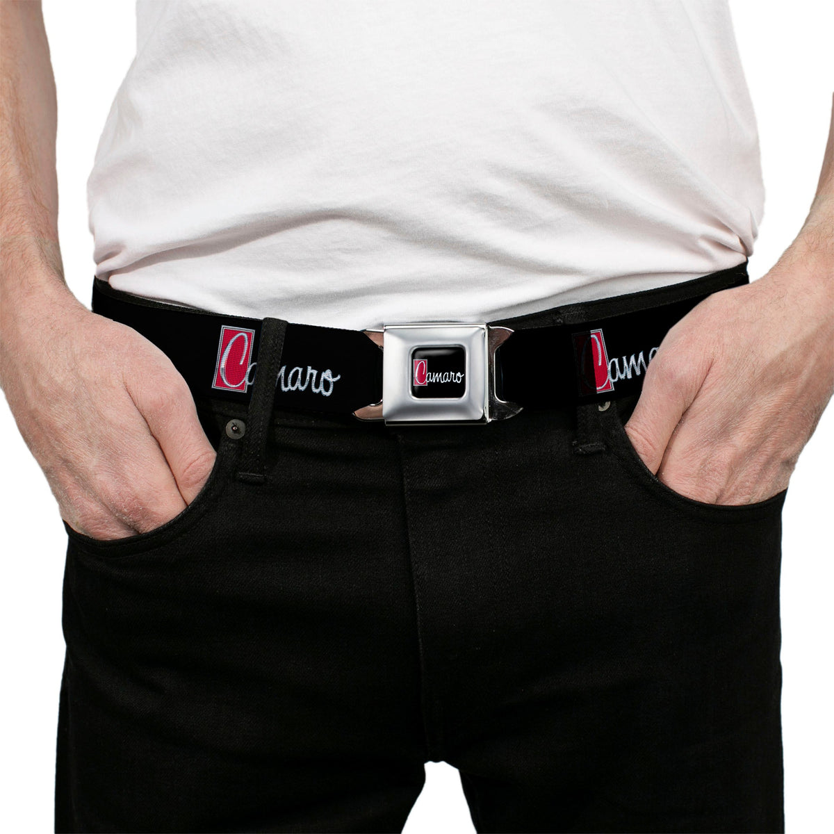 1972 CAMARO Script Emblem Full Color Black Silver Reds Seatbelt Belt - 1972 CAMARO Script Emblem Black/Silver/Reds Webbing