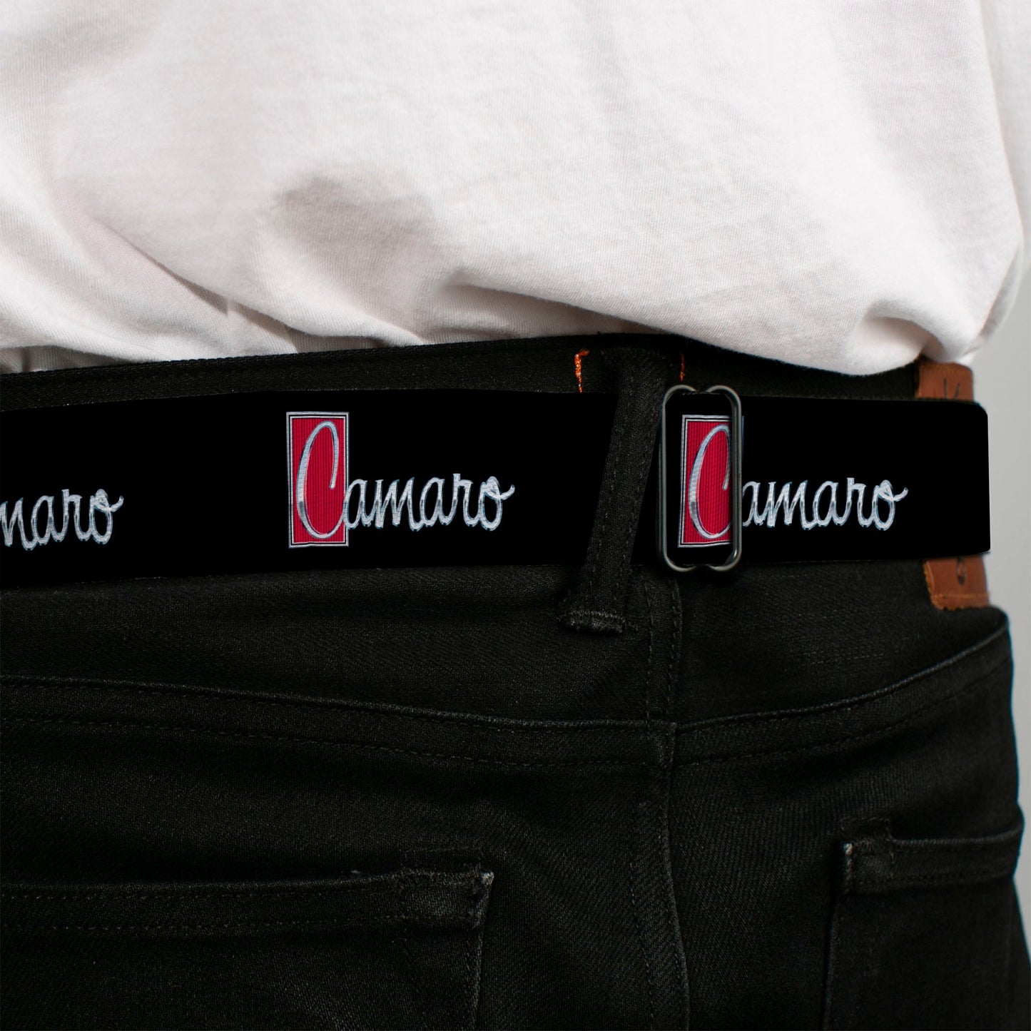 1972 CAMARO Script Emblem Full Color Black Silver Reds Seatbelt Belt - 1972 CAMARO Script Emblem Black/Silver/Reds Webbing