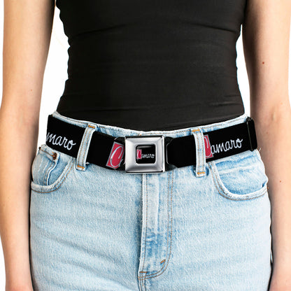 1972 CAMARO Script Emblem Full Color Black Silver Reds Seatbelt Belt - 1972 CAMARO Script Emblem Black/Silver/Reds Webbing