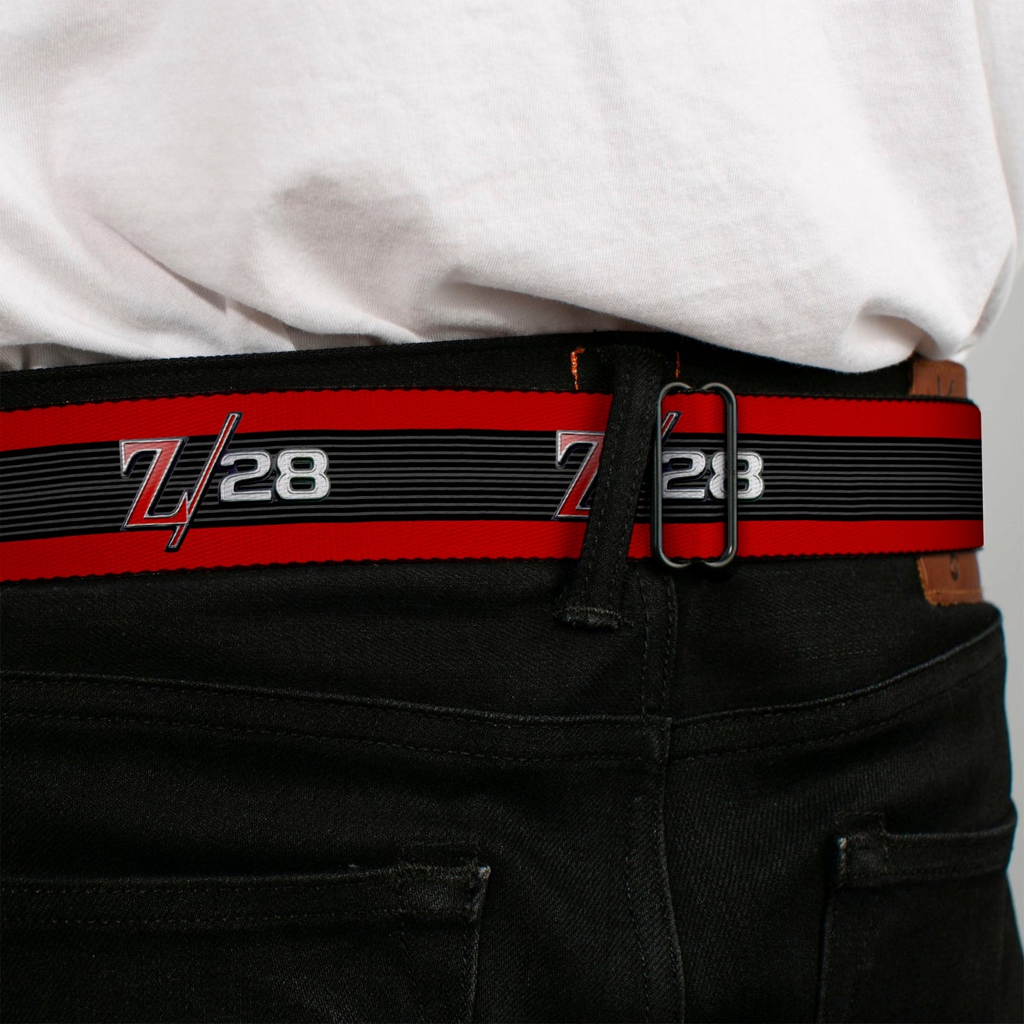 1969 Camaro Z 28 Emblem Full Color Black Silvers Red Seatbelt Belt - 1969 Camaro Z/28 Emblem/Stripe Red/Black/Gray/Silver Webbing