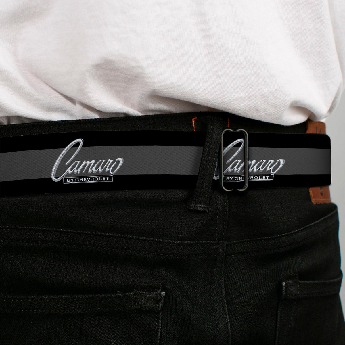1969 CAMARO BY CHEVROLET Emblem Full Color Black Silver Seatbelt Belt - 1969 CAMARO BY CHEVROLET Emblem/Stripe Black/Gray/Silver Webbing