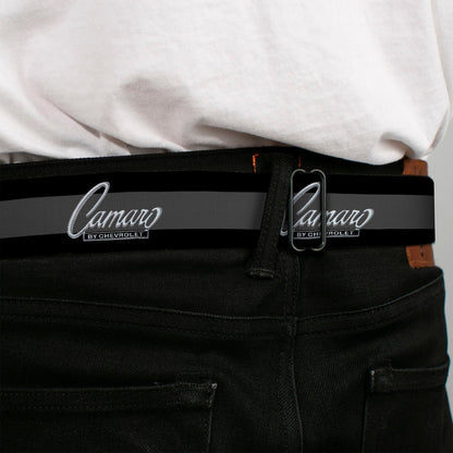 1969 CAMARO BY CHEVROLET Emblem Full Color Black Silver Seatbelt Belt - 1969 CAMARO BY CHEVROLET Emblem/Stripe Black/Gray/Silver Webbing